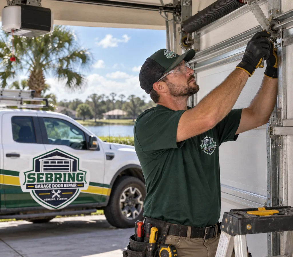 Technician repairing a residential sectional garage door in a Sebring driveway