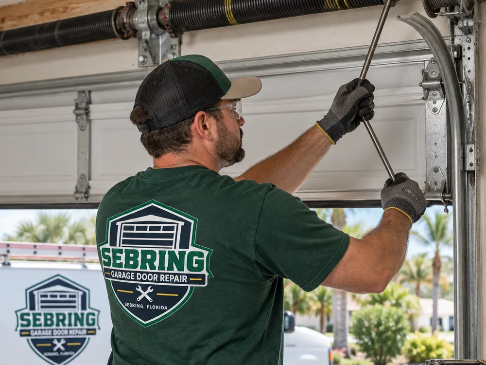 Technician inspecting a garage door torsion spring and center bearing plate