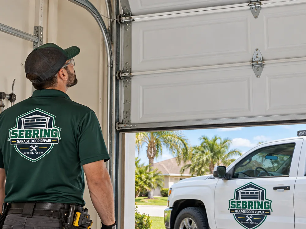 Technician resetting garage door rollers into the vertical track