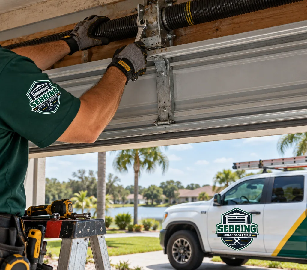 Residential garage door torsion spring system being prepared for spring repair