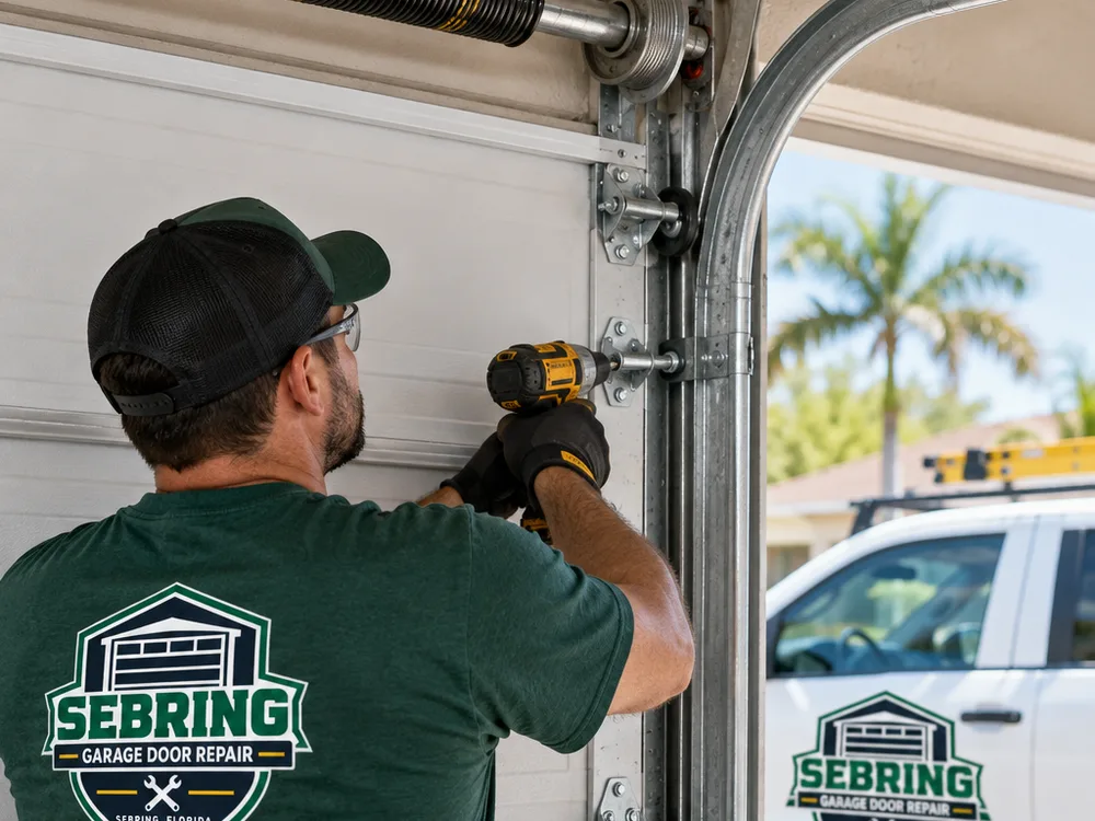Sectional steel garage door installation showing aligned tracks, rollers, and torsion spring assembly