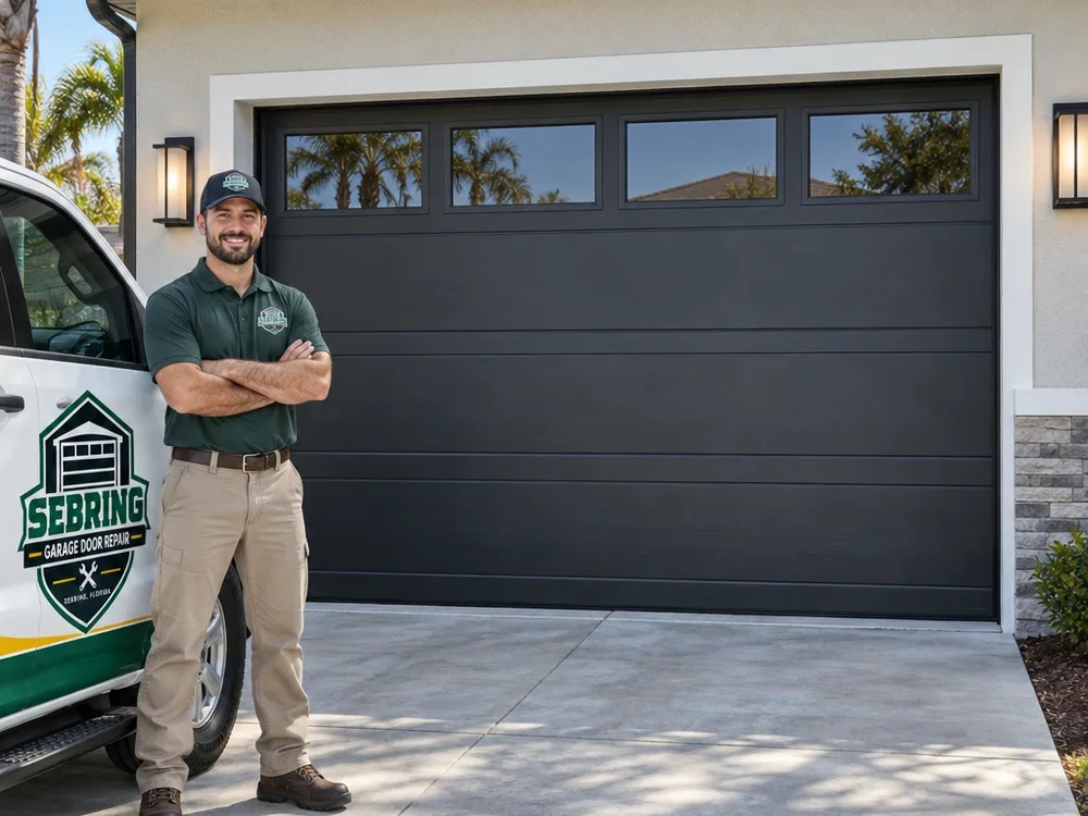 Sand-tone insulated garage door with decorative top-row windows and level alignment