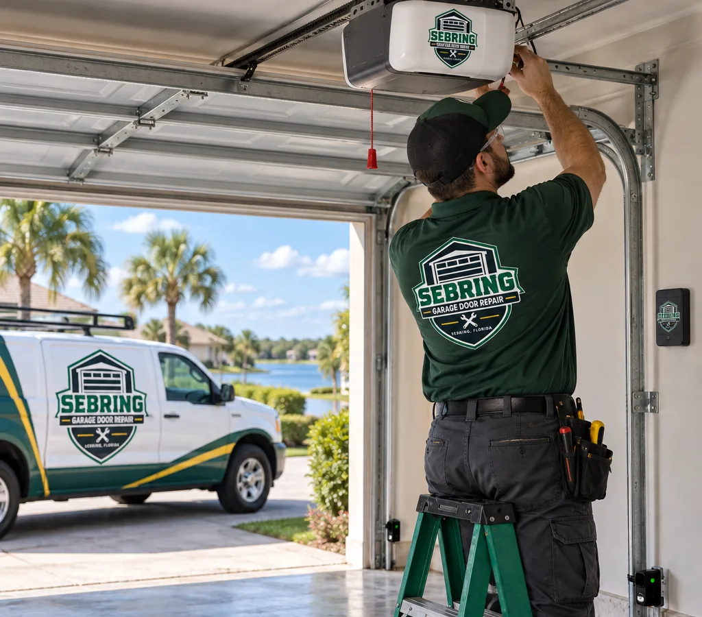Technician servicing an open residential ceiling-mounted garage door opener in the Sebring area