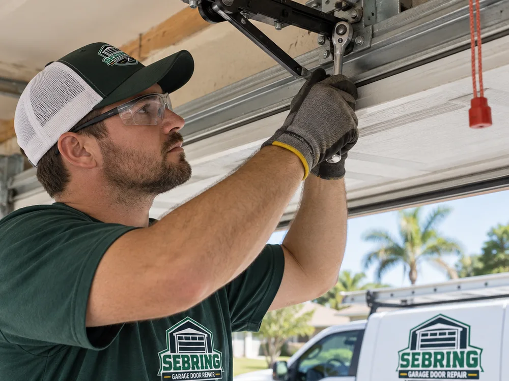 Properly aligned garage door safety sensors with indicator lights and a clear line of sight