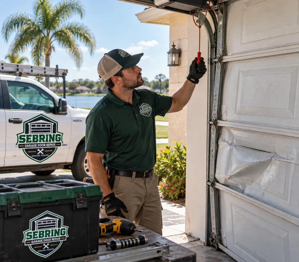 Technician stabilizing a partially open, off-level garage door in a residential driveway