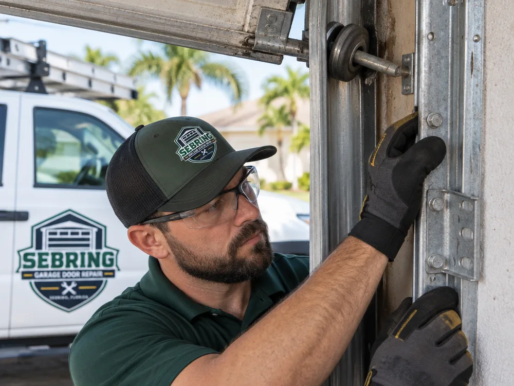 Technician inspecting cable seating on a garage door torsion spring drum