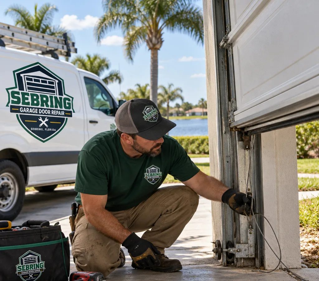 Technician resetting a residential garage door roller, track, and lift cable system
